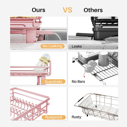 Expandable Dish Drying Rack for Kitchen Counter, Stainless Steel, Pink