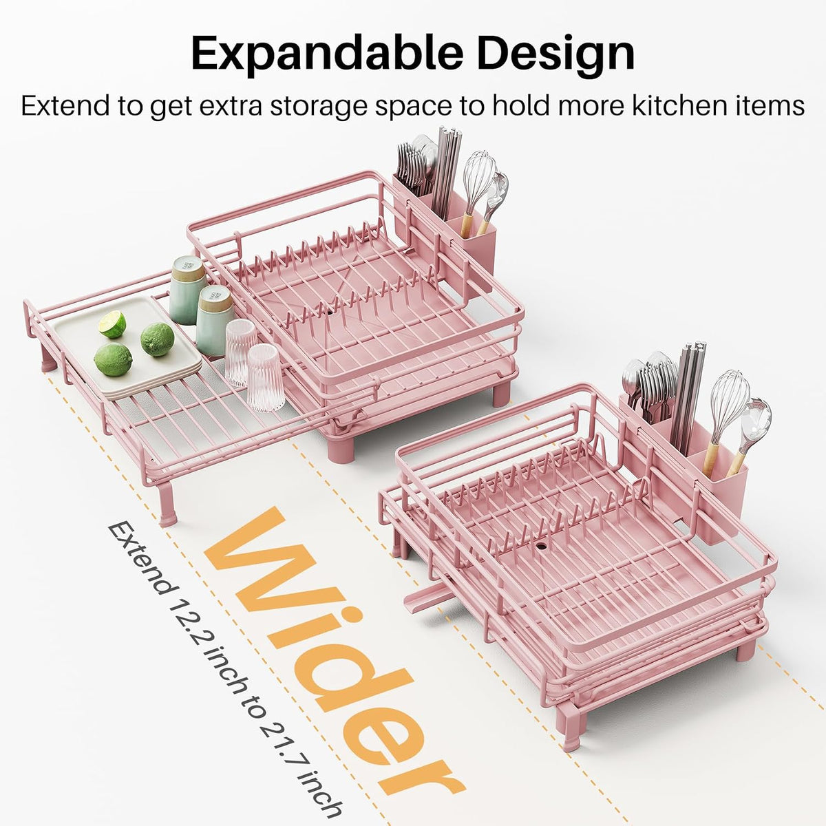 Expandable Dish Drying Rack for Kitchen Counter, Stainless Steel, Pink