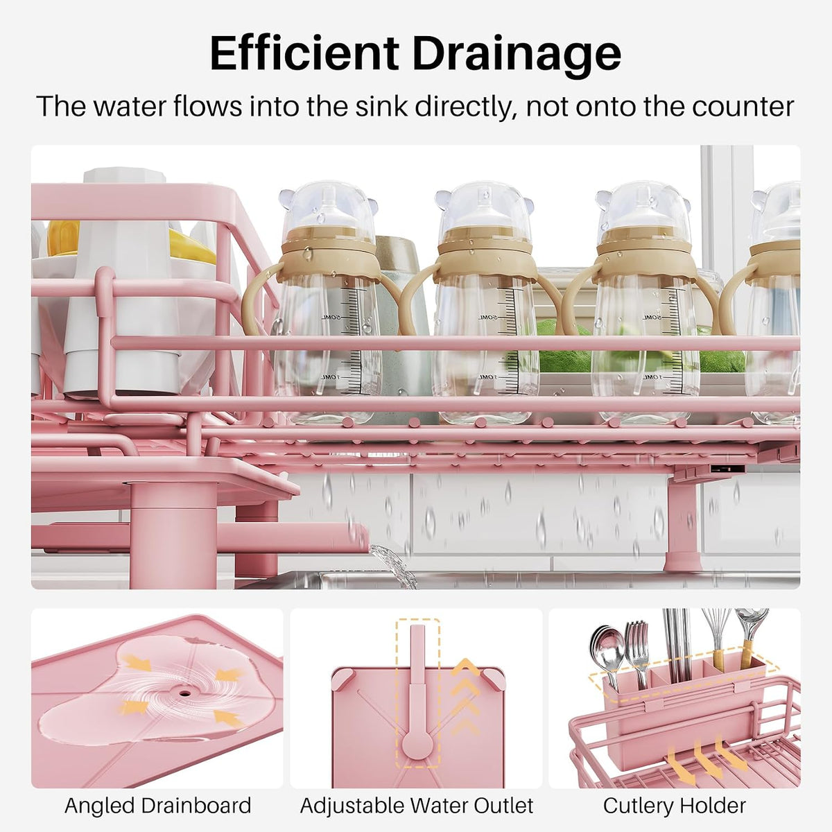 Expandable Dish Drying Rack for Kitchen Counter, Stainless Steel, Pink