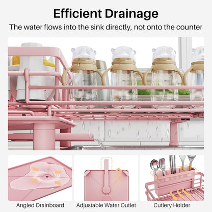 Expandable Dish Drying Rack for Kitchen Counter, Stainless Steel, Pink