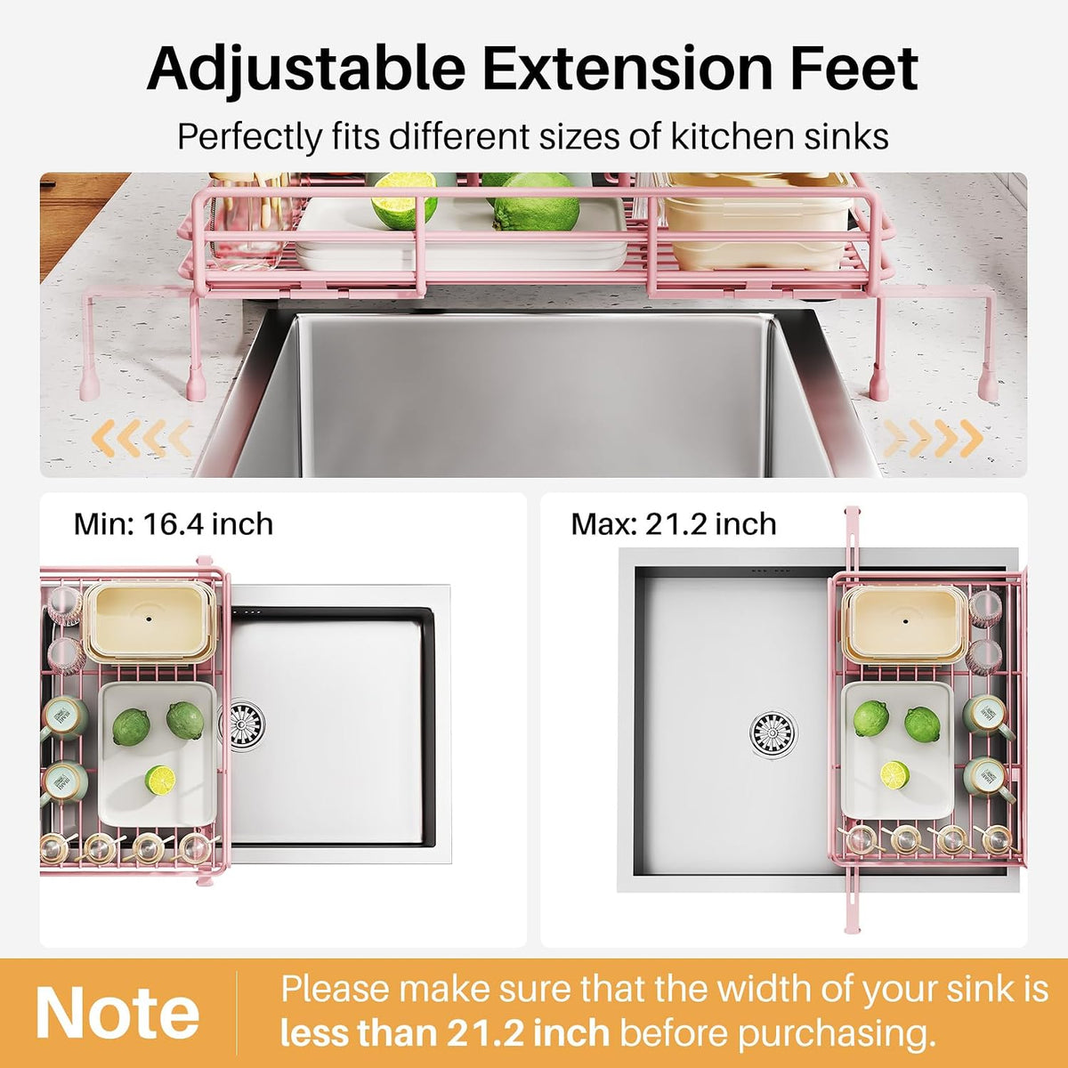 Expandable Dish Drying Rack for Kitchen Counter, Stainless Steel, Pink