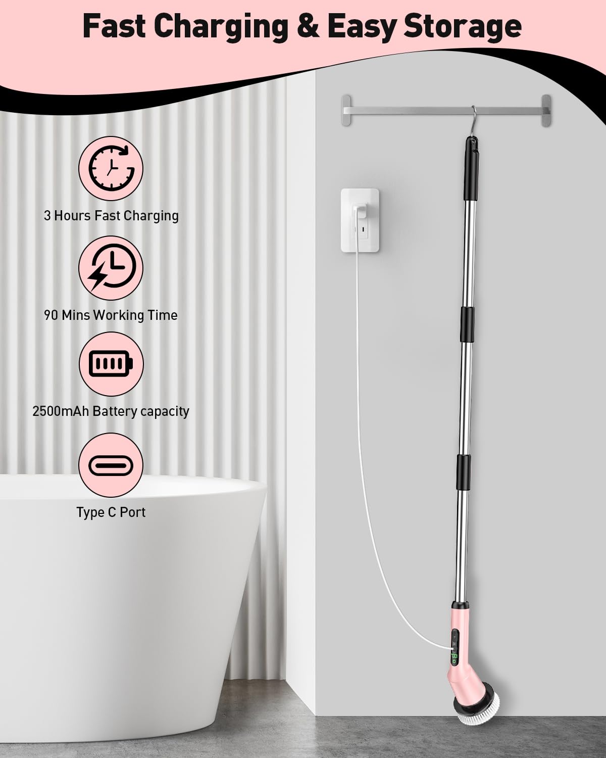 Electric Spin Scrubber for Bathroom, Shower Scrubber with Long Handle