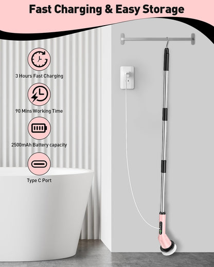 Electric Spin Scrubber for Bathroom, Shower Scrubber with Long Handle