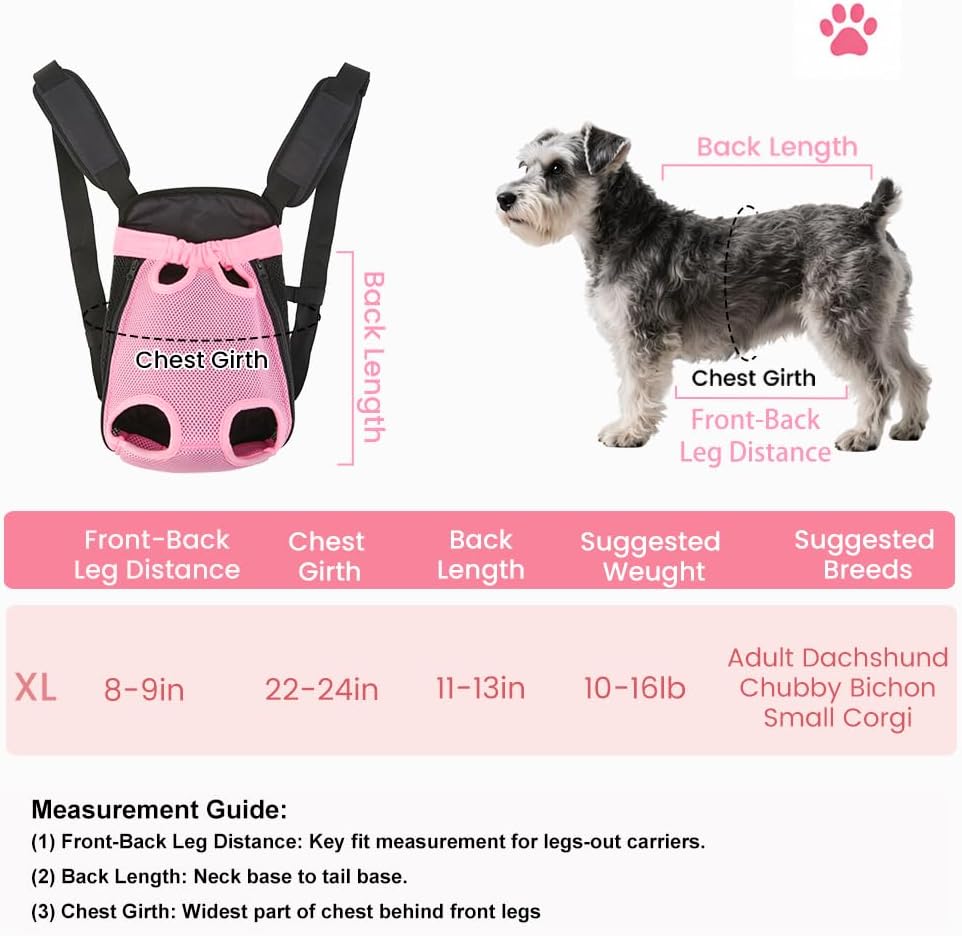 Dog Backpack Carrier/Cat Carrier, Adjustable Pet Front Carriers Travel Bag for Puppy Medium Dogs, Legs Out, Soft Ventilated Doggie Chest Carry Backpacks for Hiking/Camping, 10-16 lbs, Pink