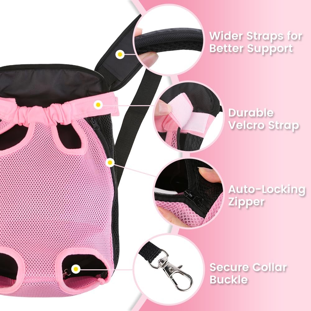 Dog Backpack Carrier/Cat Carrier, Adjustable Pet Front Carriers Travel Bag for Puppy Medium Dogs, Legs Out, Soft Ventilated Doggie Chest Carry Backpacks for Hiking/Camping, 10-16 lbs, Pink