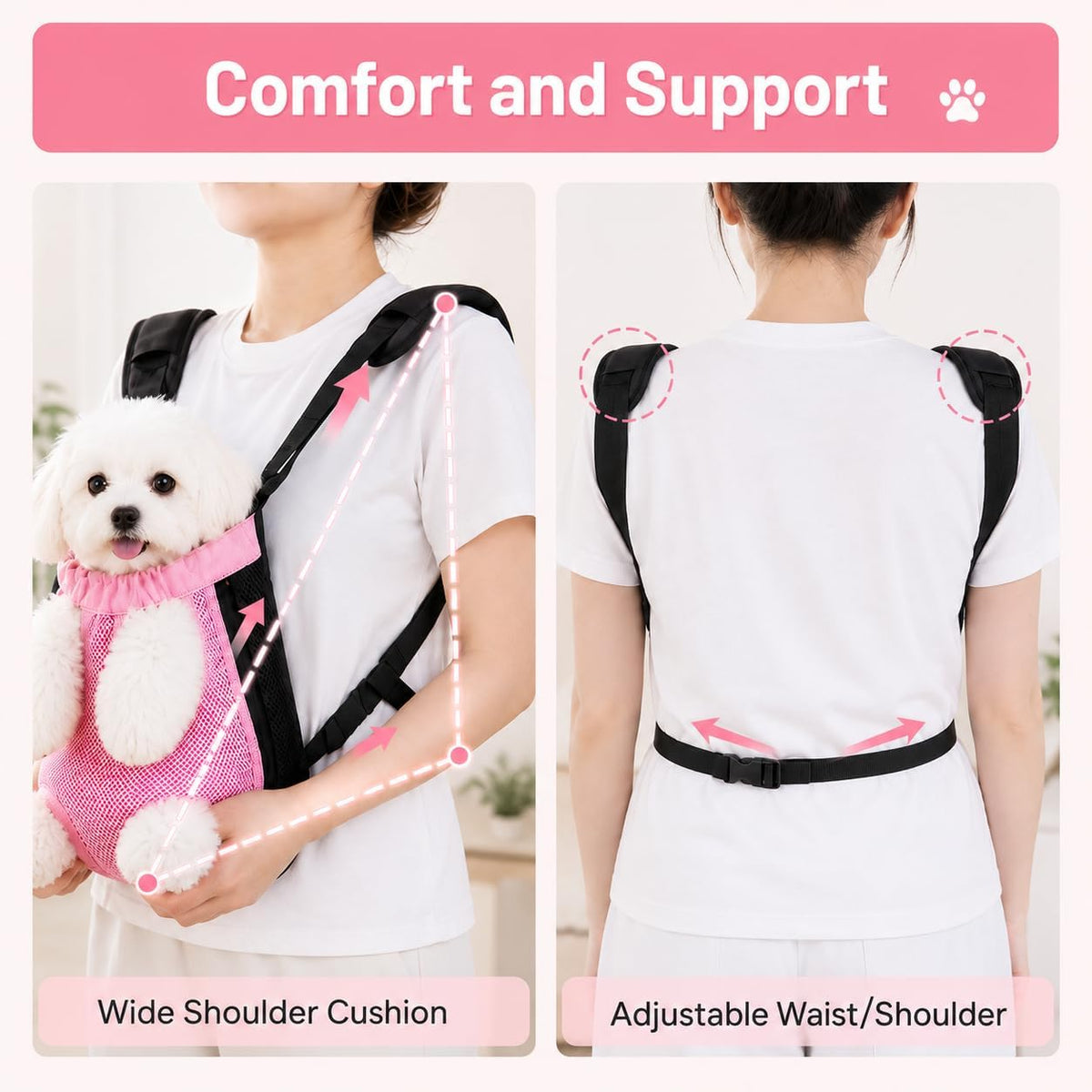 Dog Backpack Carrier/Cat Carrier, Adjustable Pet Front Carriers Travel Bag for Puppy Medium Dogs, Legs Out, Soft Ventilated Doggie Chest Carry Backpacks for Hiking/Camping, 10-16 lbs, Pink