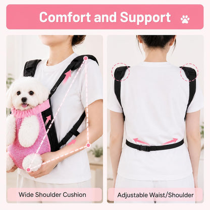 Dog Backpack Carrier/Cat Carrier, Adjustable Pet Front Carriers Travel Bag for Puppy Medium Dogs, Legs Out, Soft Ventilated Doggie Chest Carry Backpacks for Hiking/Camping, 10-16 lbs, Pink