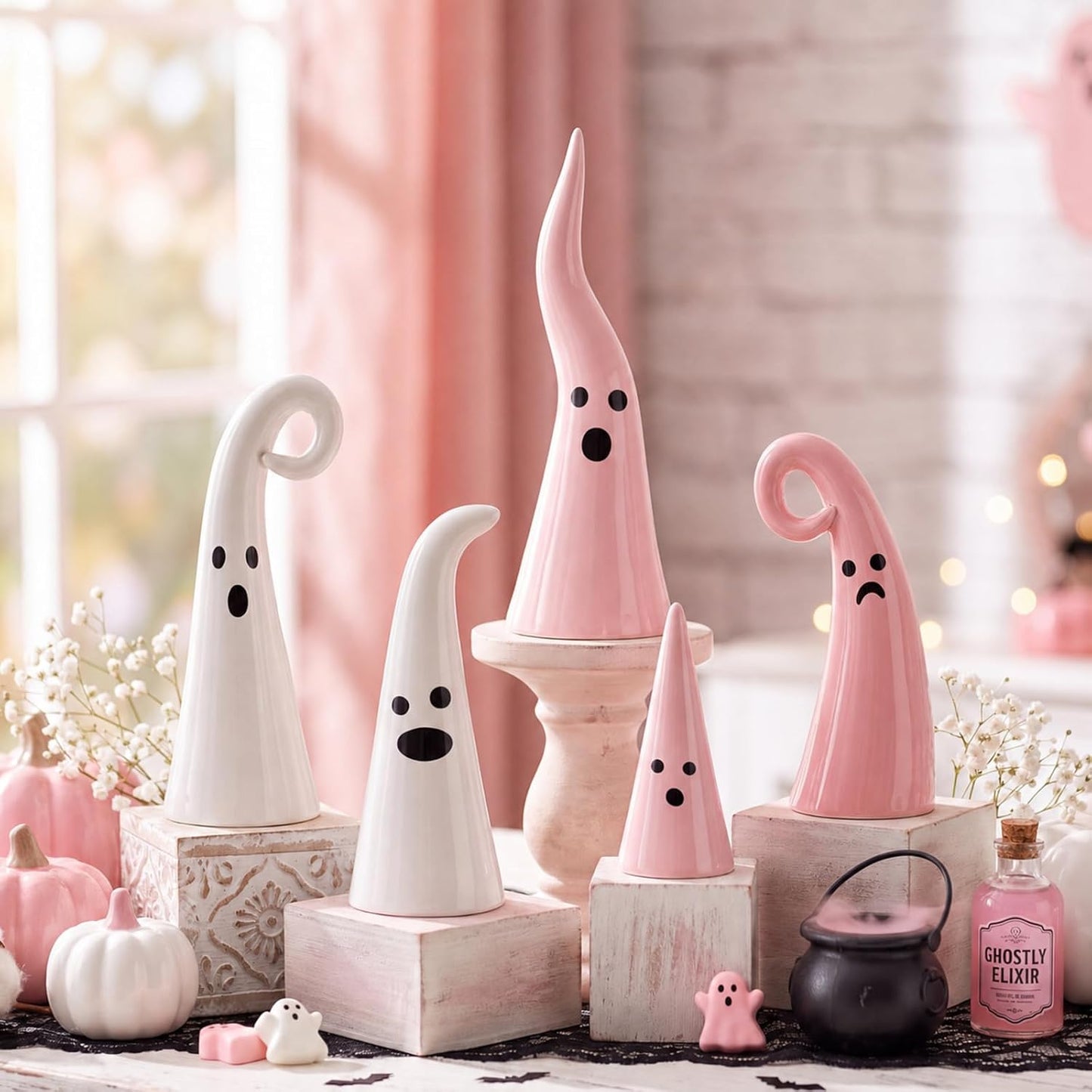 5 Pcs Pink Halloween Ceramic Ghost Decor, Rustic Witch Hat Shape