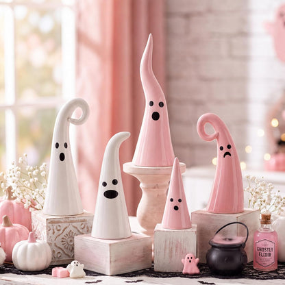 5 Pcs Pink Halloween Ceramic Ghost Decor, Rustic Witch Hat Shape