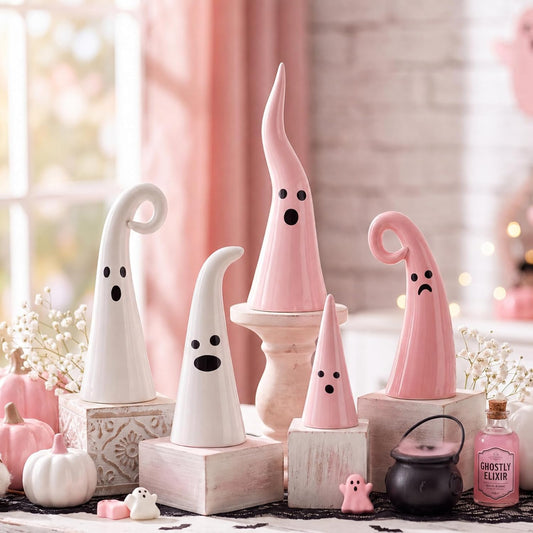 5 Pcs Pink Halloween Ceramic Ghost Decor, Rustic Witch Hat Shape