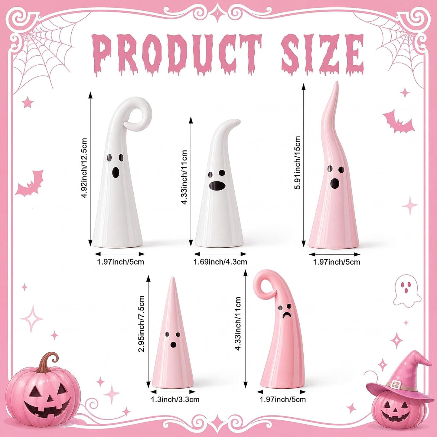 5 Pcs Pink Halloween Ceramic Ghost Decor, Rustic Witch Hat Shape