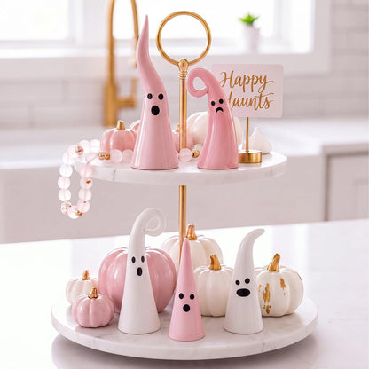 5 Pcs Pink Halloween Ceramic Ghost Decor, Rustic Witch Hat Shape