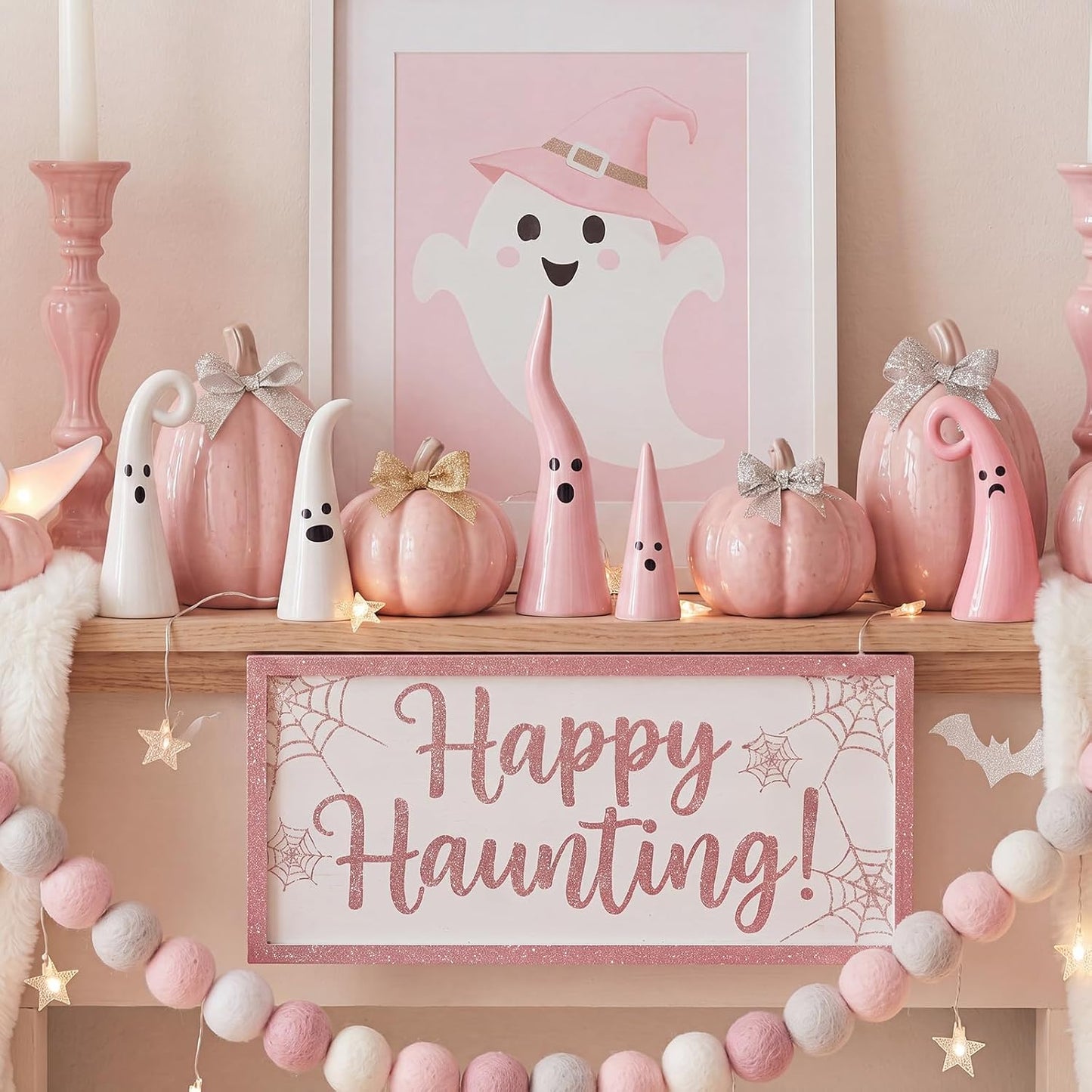 5 Pcs Pink Halloween Ceramic Ghost Decor, Rustic Witch Hat Shape