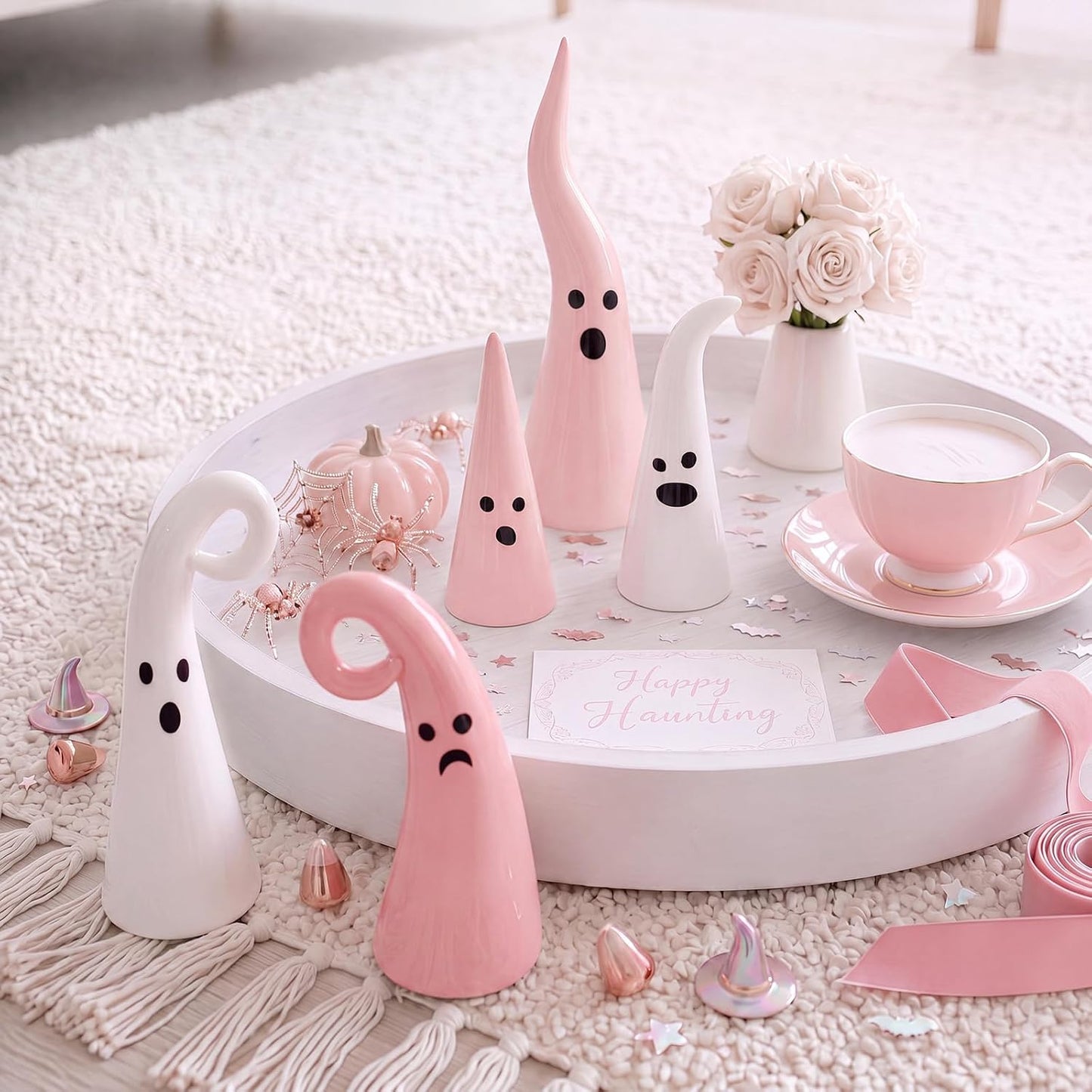 5 Pcs Pink Halloween Ceramic Ghost Decor, Rustic Witch Hat Shape