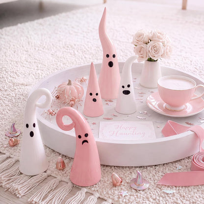 5 Pcs Pink Halloween Ceramic Ghost Decor, Rustic Witch Hat Shape