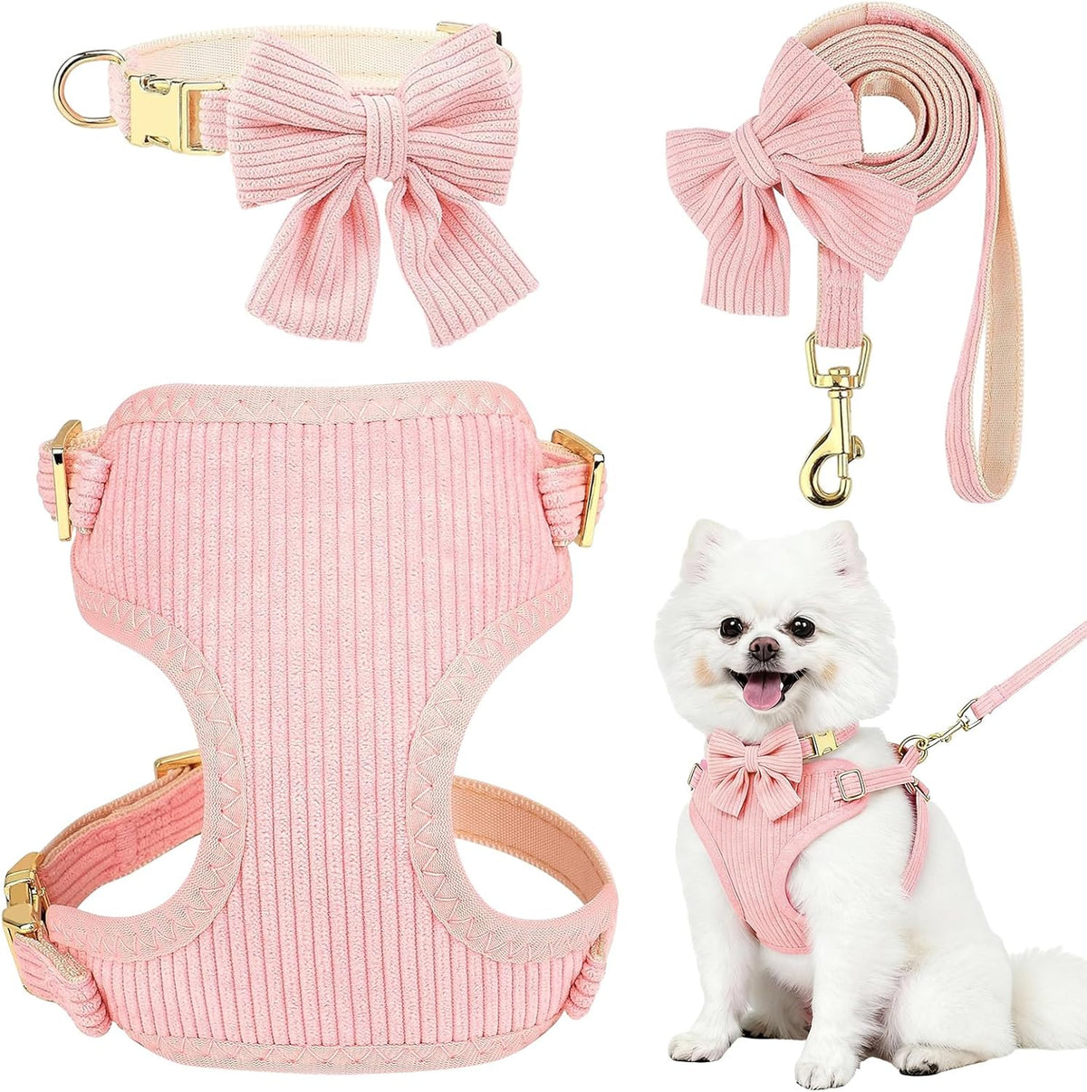Small Dog Collar Harness and Leash Set, Dog Harness no Pull with Bowtie, Breathable Cotton Adjustable Pet Puppy Harness, Easy Walk Dog Harness, S(14–18.9")