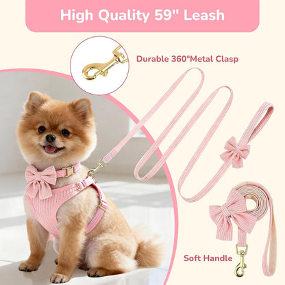 Small Dog Collar Harness and Leash Set, Dog Harness no Pull with Bowtie, Breathable Cotton Adjustable Pet Puppy Harness, Easy Walk Dog Harness, S(14–18.9")