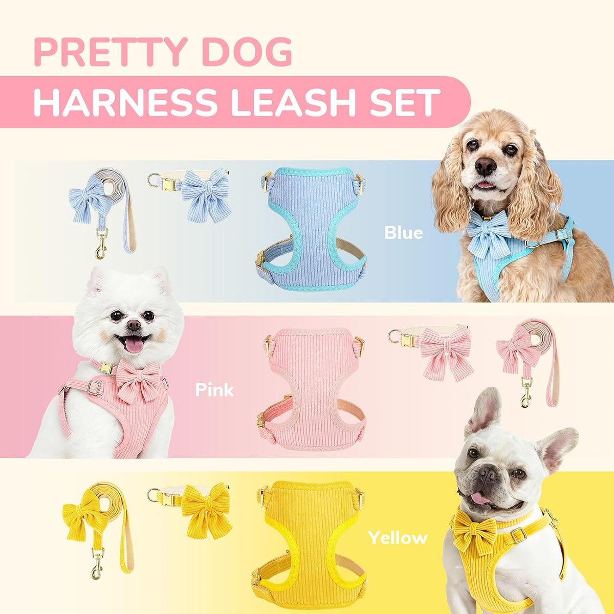 Small Dog Collar Harness and Leash Set, Dog Harness no Pull with Bowtie, Breathable Cotton Adjustable Pet Puppy Harness, Easy Walk Dog Harness, S(14–18.9")
