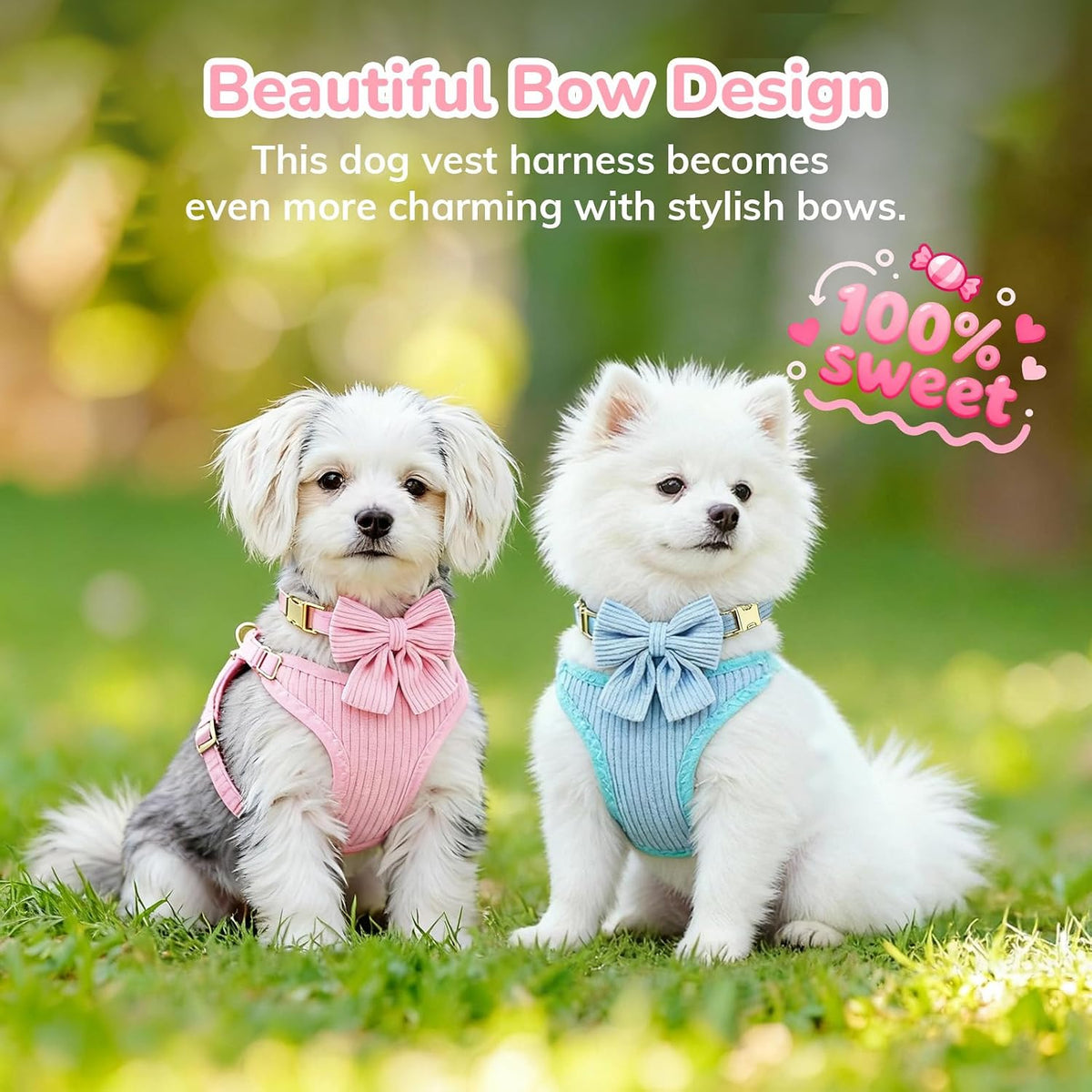 Small Dog Collar Harness and Leash Set, Dog Harness no Pull with Bowtie, Breathable Cotton Adjustable Pet Puppy Harness, Easy Walk Dog Harness, S(14–18.9")