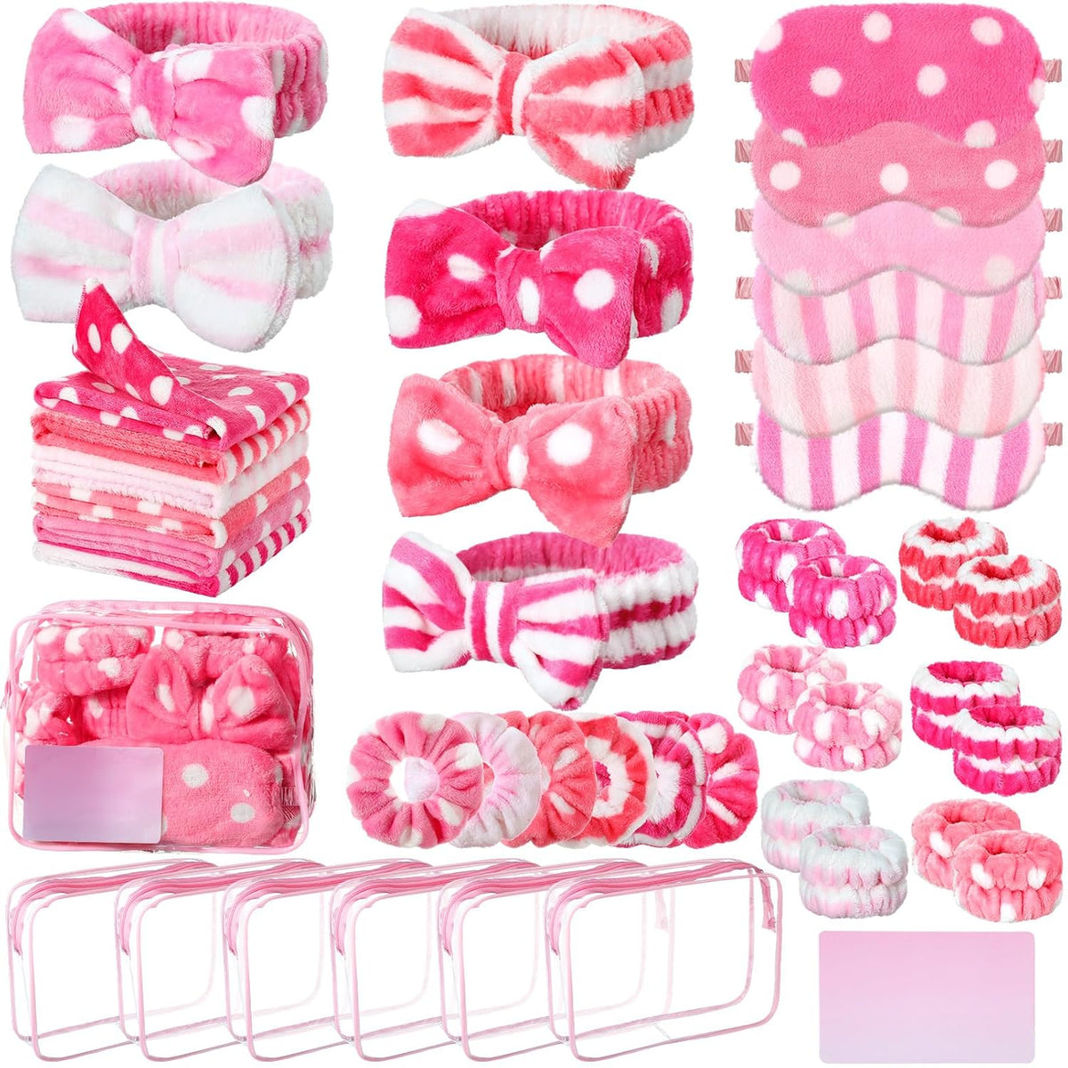 48 Pack Sleepover Party Supplies for Girls Teen Women, Spa Party Favors Kit Includes Headbands, Eye Masks, Scrunchies, Toiletry Bags, Towels, Greeting Cards, Wristbands(Pink,Dots and Stripes)