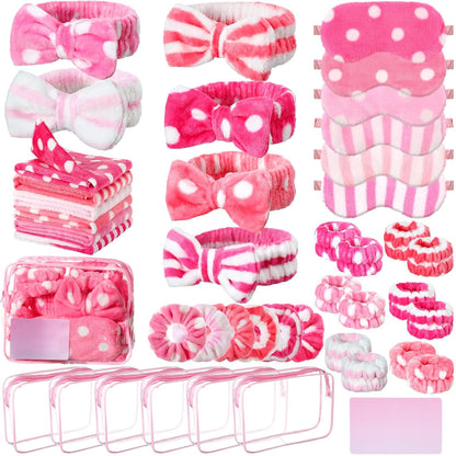 48 Pack Sleepover Party Supplies for Girls Teen Women, Spa Party Favors Kit Includes Headbands, Eye Masks, Scrunchies, Toiletry Bags, Towels, Greeting Cards, Wristbands(Pink,Dots and Stripes)