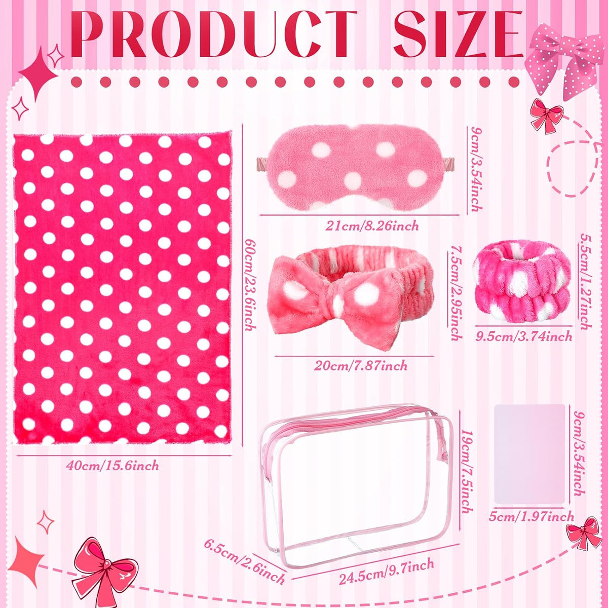48 Pack Sleepover Party Supplies for Girls Teen Women, Spa Party Favors Kit Includes Headbands, Eye Masks, Scrunchies, Toiletry Bags, Towels, Greeting Cards, Wristbands(Pink,Dots and Stripes)