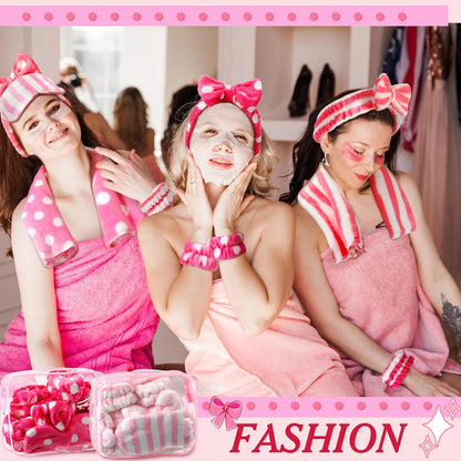48 Pack Sleepover Party Supplies for Girls Teen Women, Spa Party Favors Kit Includes Headbands, Eye Masks, Scrunchies, Toiletry Bags, Towels, Greeting Cards, Wristbands(Pink,Dots and Stripes)
