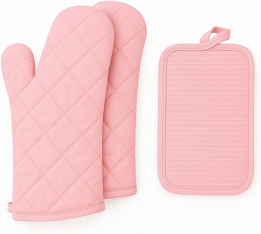Silicone Oven Mitts and Hot Pads Set – Heat Resistant to 500°F, Waterproof Non-Slip, Easy to Clean, Stain & Odor Resistant, Soft Lining, Kitchen Essentials & Gadgets for Cooking(v Color Pink)