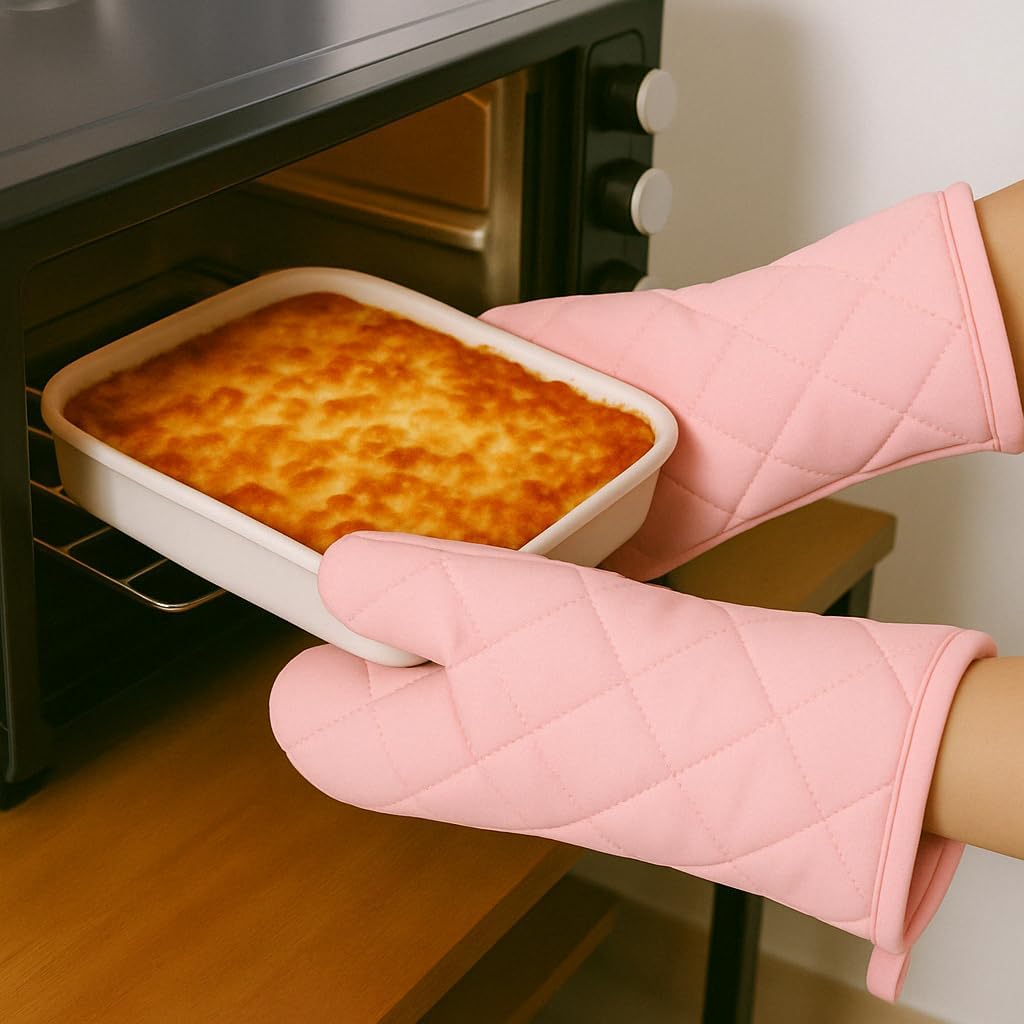 Silicone Oven Mitts and Hot Pads Set – Heat Resistant to 500°F, Waterproof Non-Slip, Easy to Clean, Stain & Odor Resistant, Soft Lining, Kitchen Essentials & Gadgets for Cooking(v Color Pink)
