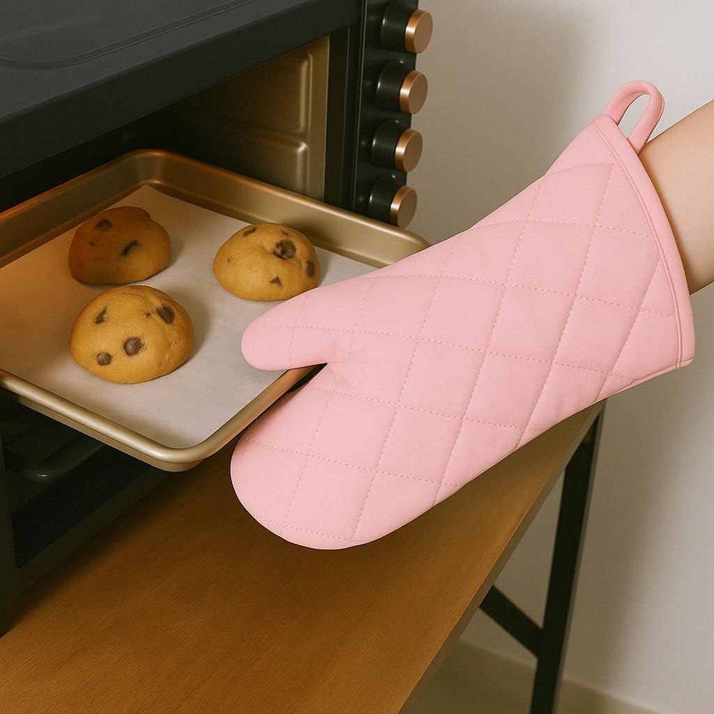Silicone Oven Mitts and Hot Pads Set – Heat Resistant to 500°F, Waterproof Non-Slip, Easy to Clean, Stain & Odor Resistant, Soft Lining, Kitchen Essentials & Gadgets for Cooking(v Color Pink)