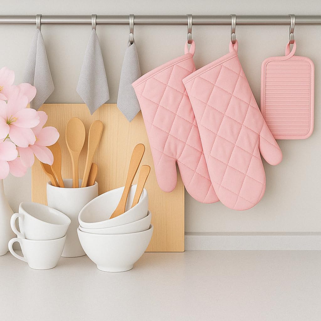 Silicone Oven Mitts and Hot Pads Set – Heat Resistant to 500°F, Waterproof Non-Slip, Easy to Clean, Stain & Odor Resistant, Soft Lining, Kitchen Essentials & Gadgets for Cooking(v Color Pink)
