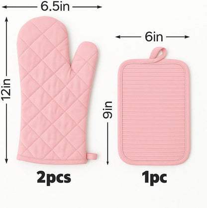 Silicone Oven Mitts and Hot Pads Set – Heat Resistant to 500°F, Waterproof Non-Slip, Easy to Clean, Stain & Odor Resistant, Soft Lining, Kitchen Essentials & Gadgets for Cooking(v Color Pink)