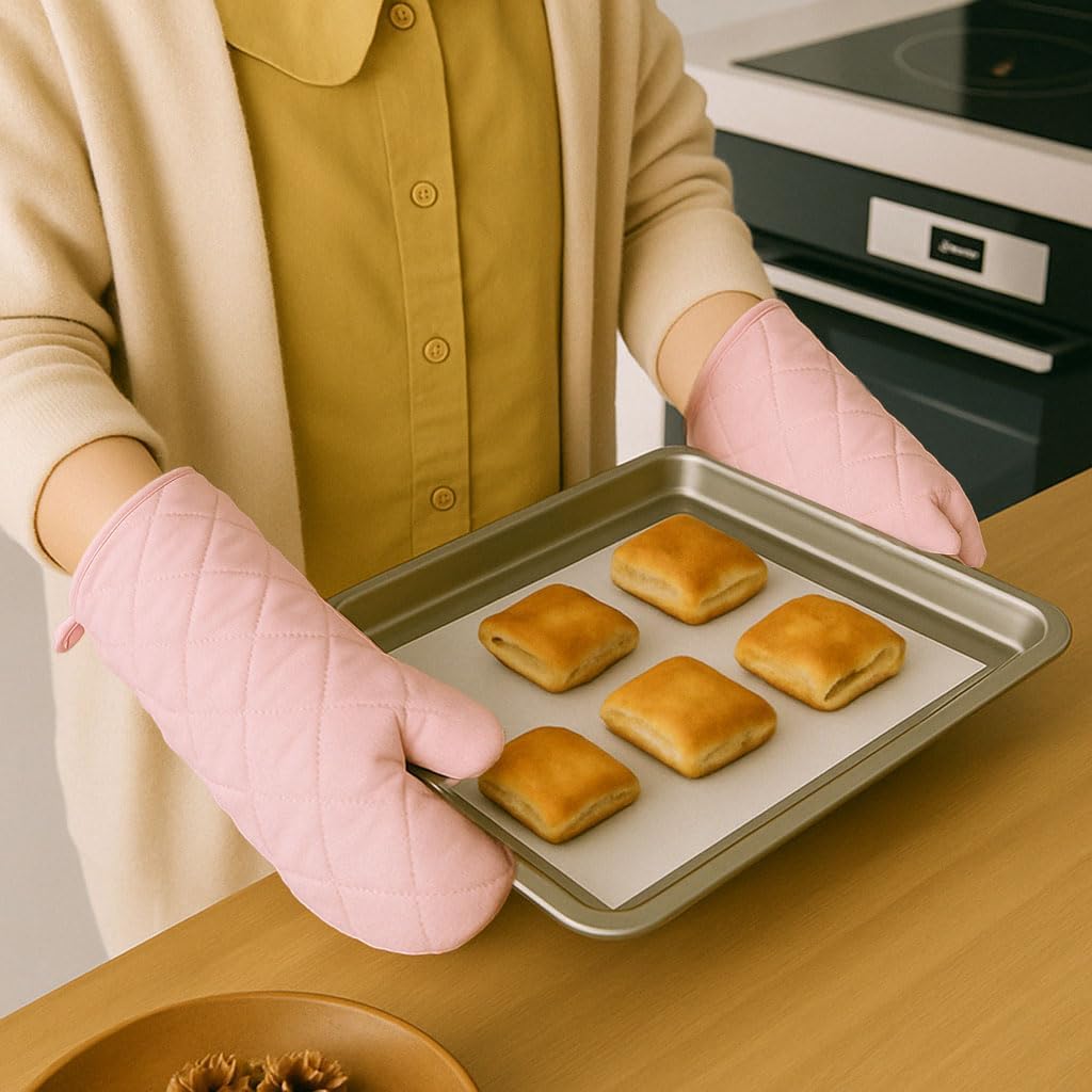 Silicone Oven Mitts and Hot Pads Set – Heat Resistant to 500°F, Waterproof Non-Slip, Easy to Clean, Stain & Odor Resistant, Soft Lining, Kitchen Essentials & Gadgets for Cooking(v Color Pink)