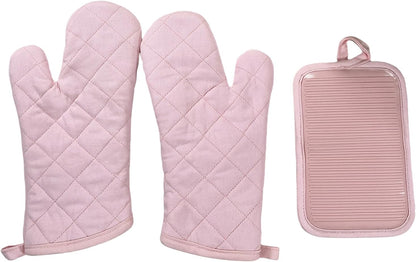 Silicone Oven Mitts and Hot Pads Set – Heat Resistant to 500°F, Waterproof Non-Slip, Easy to Clean, Stain & Odor Resistant, Soft Lining, Kitchen Essentials & Gadgets for Cooking(v Color Pink)