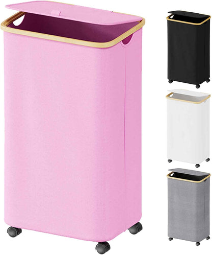 Laundry Hamper on Wheels 100L, Clothes Basket with Lid and Bamboo Handles, Foldable Laundry Hamper for Bedroom, Bathroom, Dorm, Laundry Room - Pink