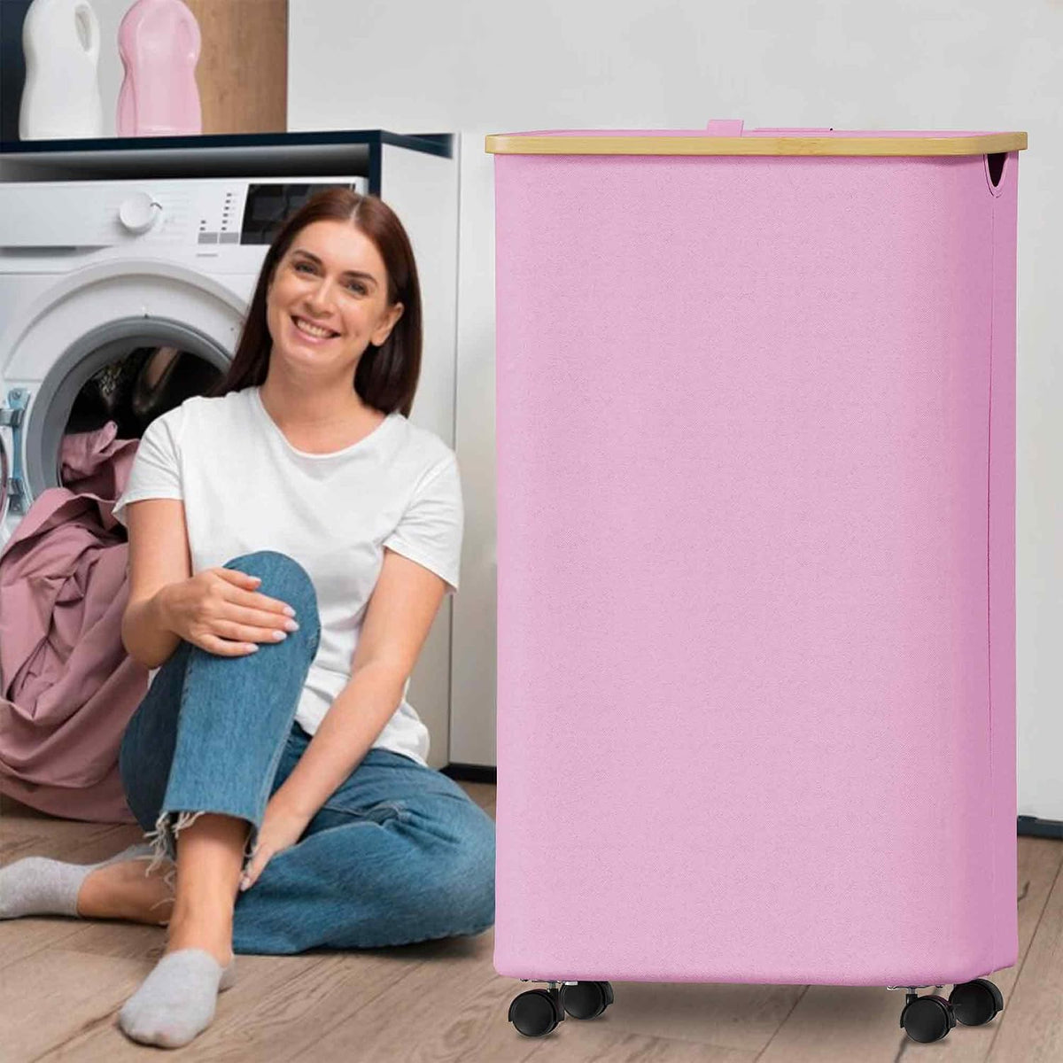 Laundry Hamper on Wheels 100L, Clothes Basket with Lid and Bamboo Handles, Foldable Laundry Hamper for Bedroom, Bathroom, Dorm, Laundry Room - Pink