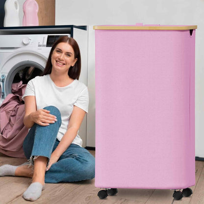 Laundry Hamper on Wheels 100L, Clothes Basket with Lid and Bamboo Handles, Foldable Laundry Hamper for Bedroom, Bathroom, Dorm, Laundry Room - Pink