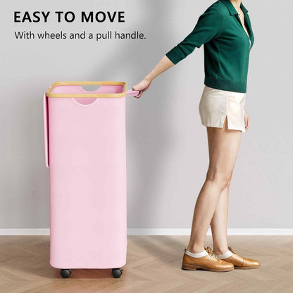 Laundry Hamper on Wheels 100L, Clothes Basket with Lid and Bamboo Handles, Foldable Laundry Hamper for Bedroom, Bathroom, Dorm, Laundry Room - Pink