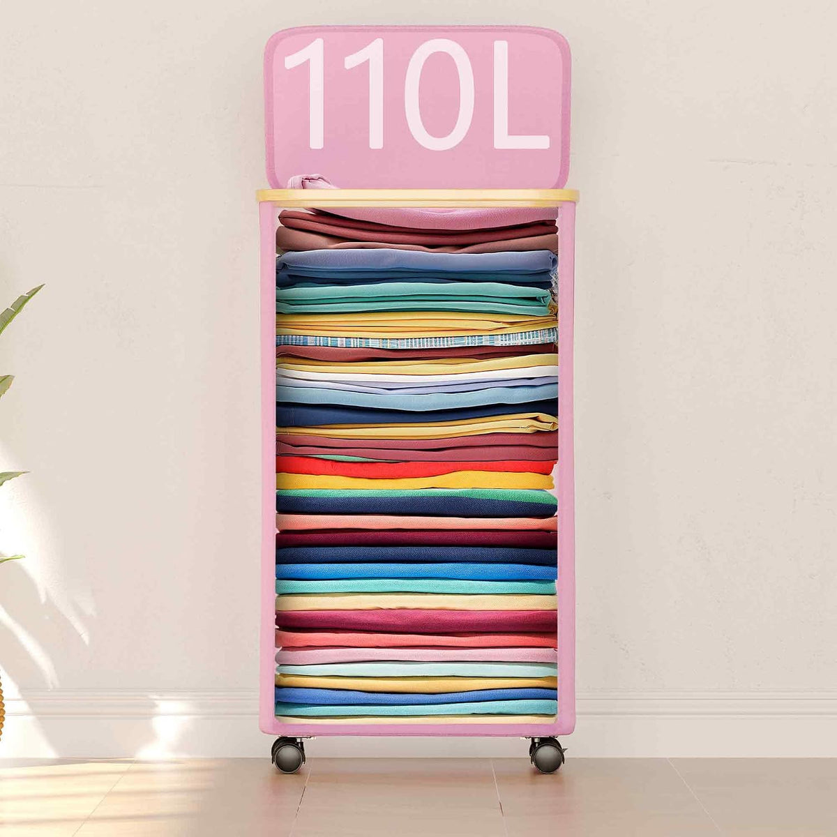 Laundry Hamper on Wheels 100L, Clothes Basket with Lid and Bamboo Handles, Foldable Laundry Hamper for Bedroom, Bathroom, Dorm, Laundry Room - Pink