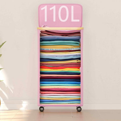 Laundry Hamper on Wheels 100L, Clothes Basket with Lid and Bamboo Handles, Foldable Laundry Hamper for Bedroom, Bathroom, Dorm, Laundry Room - Pink