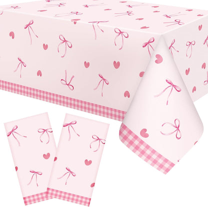 2/4 Pcs Coquette Pink Bow Tablecloth Bow Theme Birthday Party Plastic Disposable Rectangle Waterproof Table Covers for Women Girls Bridal Baby Shower Coquette Party Decorations Supplies (2)