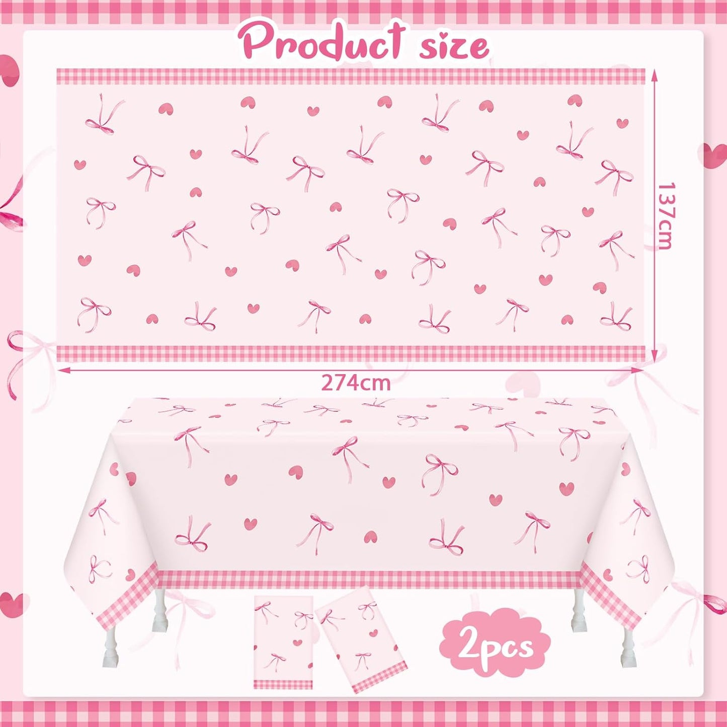2/4 Pcs Coquette Pink Bow Tablecloth Bow Theme Birthday Party Plastic Disposable Rectangle Waterproof Table Covers for Women Girls Bridal Baby Shower Coquette Party Decorations Supplies (2)
