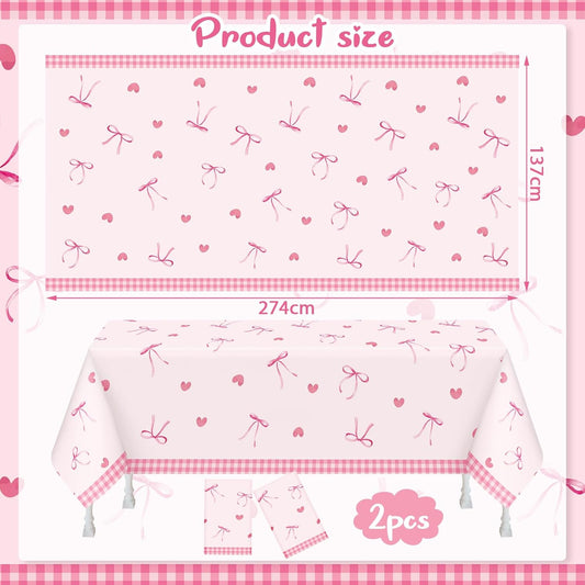 2/4 Pcs Coquette Pink Bow Tablecloth Bow Theme Birthday Party Plastic Disposable Rectangle Waterproof Table Covers for Women Girls Bridal Baby Shower Coquette Party Decorations Supplies (2)