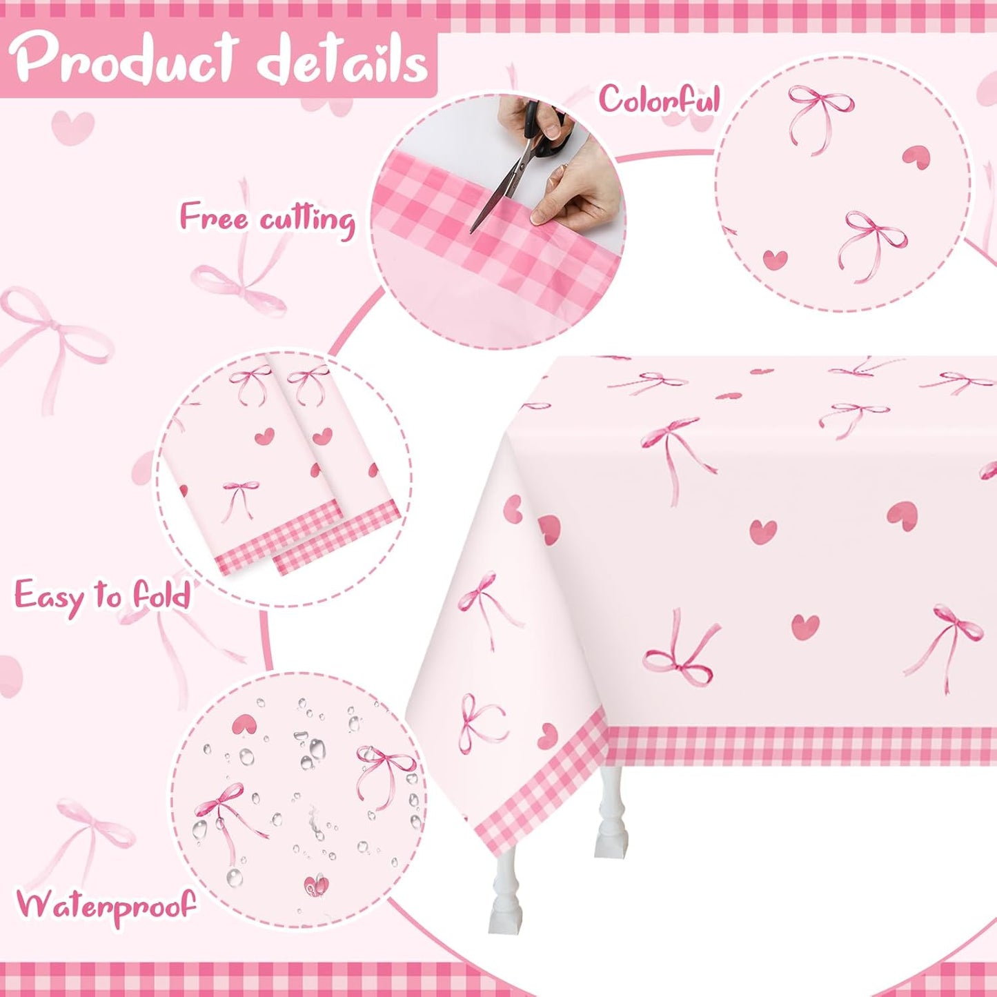 2/4 Pcs Coquette Pink Bow Tablecloth Bow Theme Birthday Party Plastic Disposable Rectangle Waterproof Table Covers for Women Girls Bridal Baby Shower Coquette Party Decorations Supplies (2)