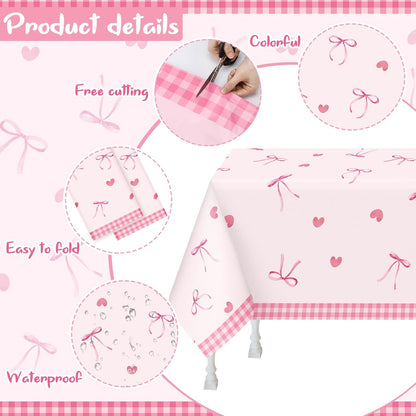 2/4 Pcs Coquette Pink Bow Tablecloth Bow Theme Birthday Party Plastic Disposable Rectangle Waterproof Table Covers for Women Girls Bridal Baby Shower Coquette Party Decorations Supplies (2)