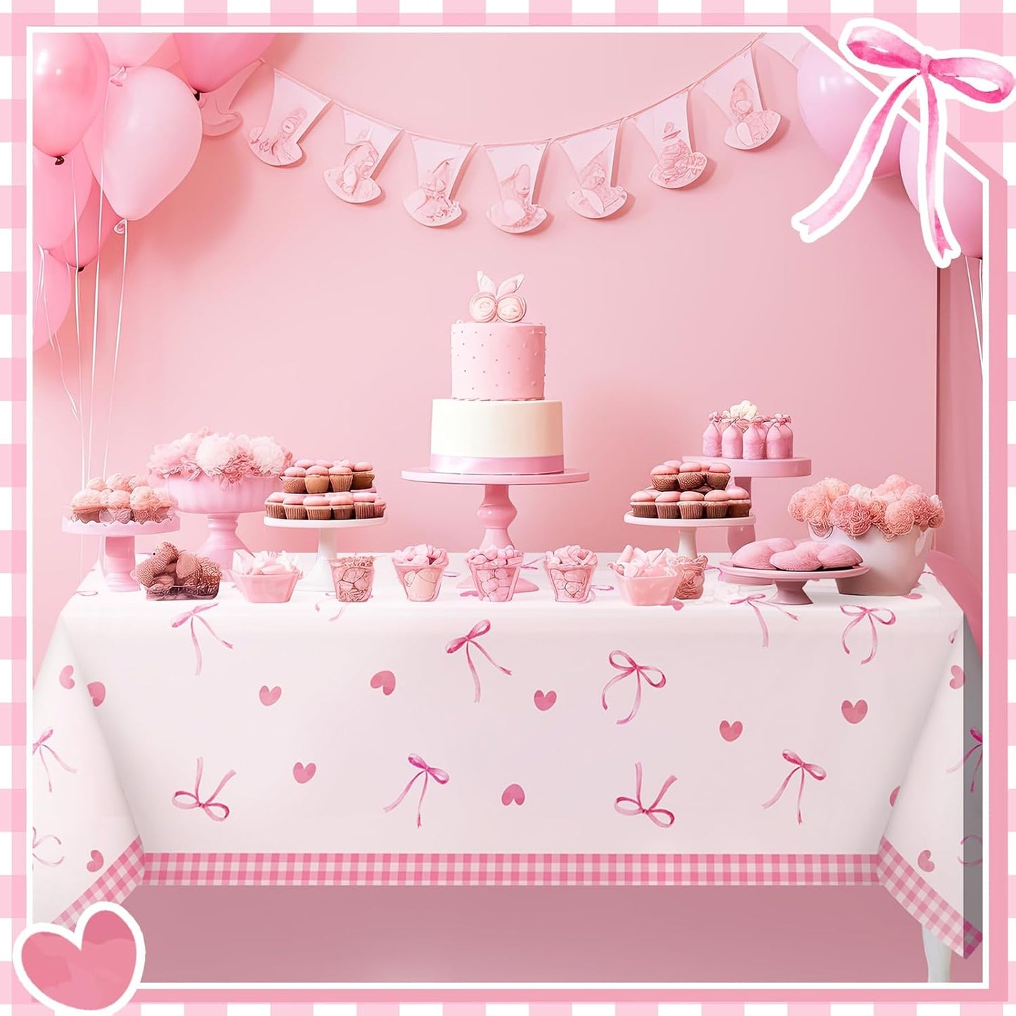 2/4 Pcs Coquette Pink Bow Tablecloth Bow Theme Birthday Party Plastic Disposable Rectangle Waterproof Table Covers for Women Girls Bridal Baby Shower Coquette Party Decorations Supplies (2)