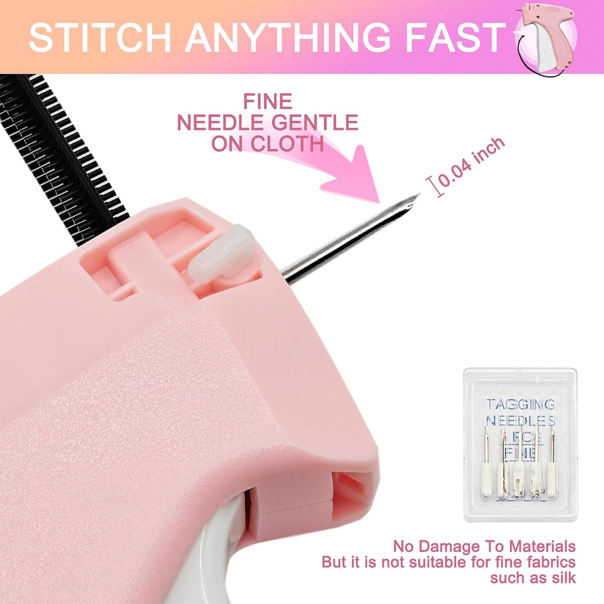 Stitch Gun for Clothes,Handheld Stitch Gun Quick Clothing Fixer,Sewing Kit Includes 1,500 Black Fasteners & 1,500 White Fasteners & 6 Needles,Tagging Gun (Pink)