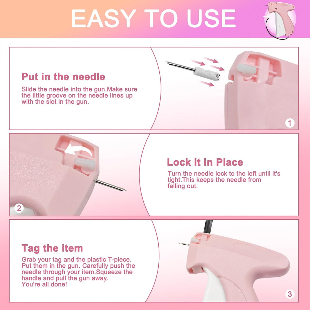 Stitch Gun for Clothes,Handheld Stitch Gun Quick Clothing Fixer,Sewing Kit Includes 1,500 Black Fasteners & 1,500 White Fasteners & 6 Needles,Tagging Gun (Pink)