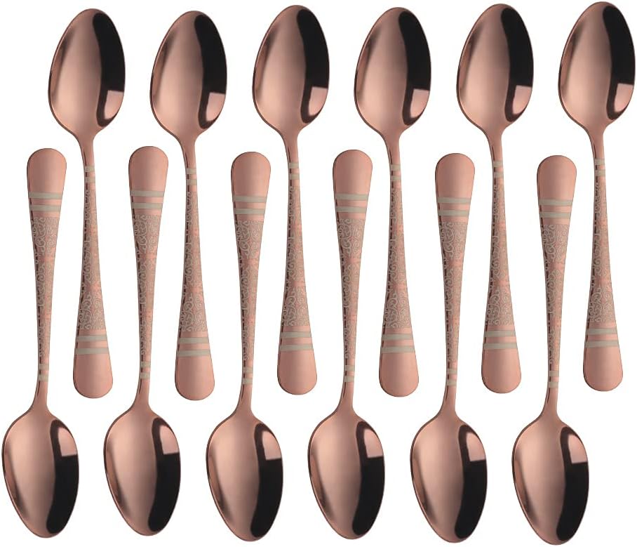 Rose Gold Unique Pattern Design Coffee Espresso Spoons Mini, Mingcheng Stainless Steel Small Teaspoons Silverware Set of 12, 5.5 Inches Food Spoons for Demitasse Dessert Tea