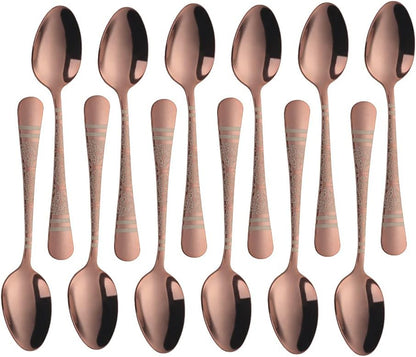 Rose Gold Unique Pattern Design Coffee Espresso Spoons Mini, Mingcheng Stainless Steel Small Teaspoons Silverware Set of 12, 5.5 Inches Food Spoons for Demitasse Dessert Tea
